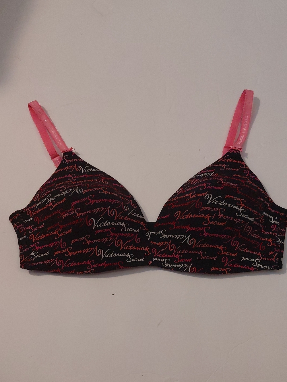Victoria's Secret Black Bra with Pink Script and Pink Straps 36C Cotton Spandex